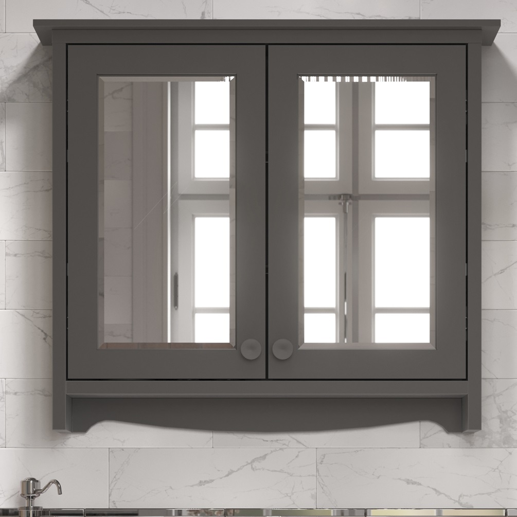 product lifestyle image of burlington guild ashbee grey 650mm wall mounted bathroom mirror cabinet with window reflected in glass GU6057AG_CAB